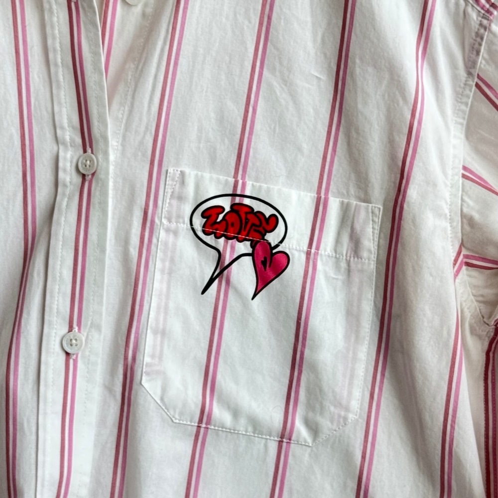 Zadig & Voltaire Tais Pop Raye Brod Shirt Mens Pink White Striped Graphic Medium - Picture 4 of 10